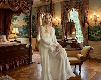 French Lace Bridal Lingerie Set | 2-Piece Satin Nightgown & Chiffon Robe | Vintage Babydoll Sleepwear for Bride | Honeymoon Wedding Robe