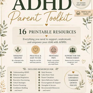ADHD Parent Toolkit Printable | 16 ADHD Resources for Parents | Emotional Regulation, Behavior Support, Executive Function PDF