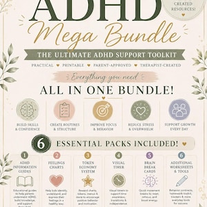 May include: A digital ADHD Mega Bundle information sheet by Regulation Studio Co. featuring 40+ pages of therapist-created resources. The beige document includes six essential packs, icons for skill building, routine creation, and focus improvement.