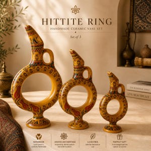 Juego de jarrones de cerámica turca hechos a mano / Diseño de anillo hitita / Juego de cerámica estilo Iznik de 3 piezas / Decoración decorativa para el hogar otomano / Firmado por el artesano