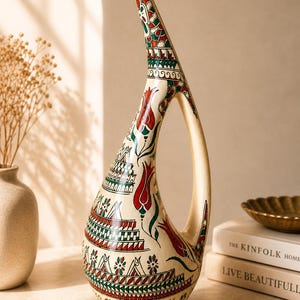 Jarra de cerámica turca de Iznik hecha a mano con forma de pelícano / Jarrón artístico con motivo de tulipán / Jarra decorativa de estilo otomano de 42 cm / Cerámica única firmada