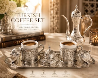 Luxuriöses silbernes türkisches Kaffeetassenset mit Tablett, Kaffeeservierset im osmanischen Stil, handgefertigtes dekoratives Kaffeeset, türkisches Kaffeegeschenk