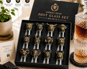 Bronze Animal Head Shot Glass Set of 12, Unique Barware Gift, Handmade Decorative Liquor Glasses, Whiskey Vodka Shot Set, Gift for Him