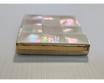 Vintage Mother of Pearl Compact – Gold Tone Mosaic Powder Case – 1950s/60s"
