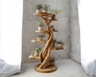 Supporto per piante in legno massello realizzato a mano, mensola espositiva scultorea in stile rustico.