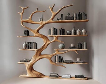 Estantería de madera maciza hecha a mano con forma de árbol, estantería de pared escultural, decoración rústica moderna.