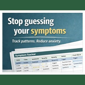Può includere: Grafica color teal con il testo "Stop guessing your symptoms" in bianco e giallo. Sotto, si legge "Track patterns. Reduce anxiety." Viene mostrato un "Symptom Tracker" con colonne per data, ora, sintomi, gravità e note.