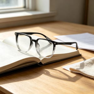 May include: Black-framed eyeglasses with clear lenses rest on an open book. The glasses have a square shape and a gradient effect on the lenses. The book is open on a wooden table, with a window in the background.