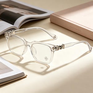 May include: Clear rectangular eyeglasses with decorative silver accents on the temples and hinges. The frames are transparent, and the lenses are clear. The glasses are resting on a light-coloured surface near an open book.