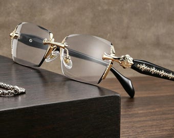 Rimless Rectangle Glasses, Black Gold Gothic Eyewear, Luxury Vintage Style Clear Lens Frames, Unisex Fashion Glasses