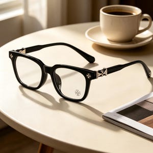 Puede incluir: Gafas negras de montura cuadrada con detalles plateados en las patillas y un emblema decorativo en las lentes. Las gafas están sobre una superficie clara, junto a una taza de café y una revista.
