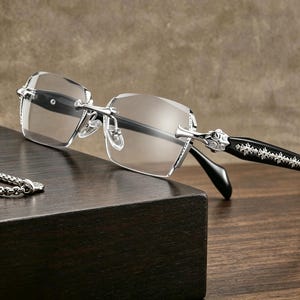 Könnte beinhalten: Randlose Brille mit silberfarbenen Metallakzenten und schwarzen Bügeln. Die Bügel weisen ein dekoratives Muster auf. Die Gläser sind klar, und die Brille liegt auf einer dunklen Holzoberfläche.