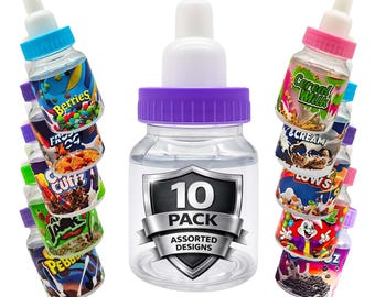 10 Pack Bottle-Style Storage Pouches with Lids – Assorted Graphic Designs