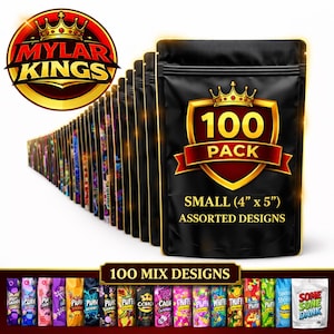 May include: A display of black mylar bags with assorted designs, labeled "100 Pack" and "Small (4" x 5")". The bags are arranged in a row, with a gold and red logo that says "Mylar Kings". The bottom row shows 100 mix designs.