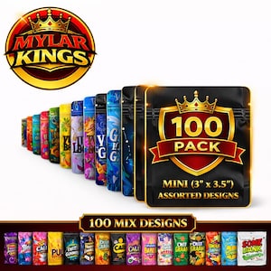 May include: A collection of 100 mini Mylar bags measuring 3 inches by 3.5 inches, featuring assorted colorful graphic designs. The packaging includes a prominent black bag with a gold crown and shield logo labeled 100 PACK.