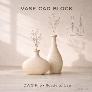May include: Two beige ceramic vases, one rounded and one tall, each holding delicate dried stems. The image includes the text "VASE CAD BLOCK" and "DWG File • Ready to Use". A line drawing of two vases is also visible.