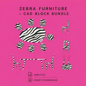 以下が含まれることがあります： ピンク色のグラフィックで、ゼブラ柄の家具CADブロックバンドルを紹介しています。デザインには、テーブル、椅子、装飾要素が含まれており、すべて白黒のゼブラ模様です。テキストには「ZEBRA FURNITURE - CAD BLOCK BUNDLE」と書かれています。