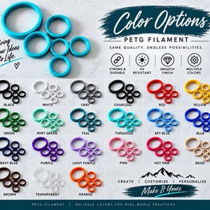 May include: A collection of PETG filament rings in various colors including black, white, gray, charcoal, red, yellow, green, mint, teal, turquoise, sky blue, blue, navy, purple, light purple, pink, hot pink, beige, brown, transparent, and orange.