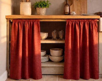 Tenda a scomparsa in lino 100% naturale, gonna rustica per mobile da cucina.