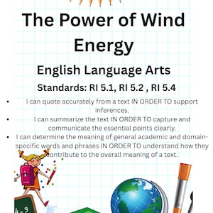 Pode incluir: Cartaz educativo intitulado "O Poder da Energia Eólica" com texto sobre os padrões de artes da linguagem inglesa. A imagem inclui um globo, livros, lápis e uma menina de desenho animado com uma mochila. O cartaz foi concebido para fins educacionais.