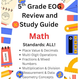 Op de afbeelding: Een kleurrijke studiehandleiding voor wiskunde in de 5e klas, met de tekst "5th Grade EOG Review and Study Guide Math". De gids bevat onderwerpen als plaatswaarde, breuken en meetkunde, met diverse wiskundige illustraties.