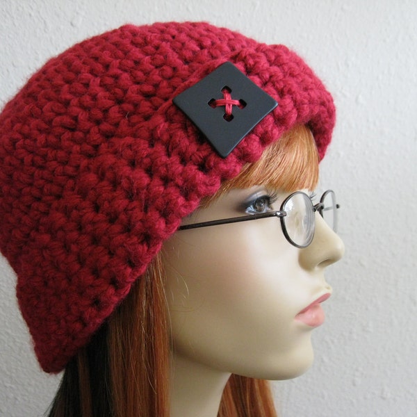 SALE - 40% off - Crocheted Chunky Beanie Soft Rich Rose-Colored Winter Beanie Decorative Bead - Valentine Gift Idea - Ready to Ship