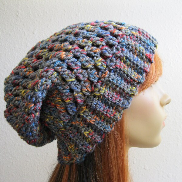 Crocheted Slouchy Beanie Hat Multicolor Gray Tweed Winter Fall Autumn Hat - Ready to Ship