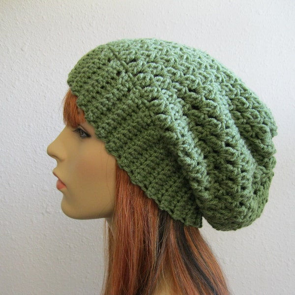 Crocheted Slouchy Beanie Hat Light Moss Green - Ready to Ship