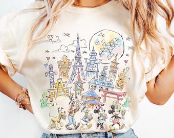 Comfort color Mickey & Friends Disney Epcot Shirt, Epcot World Tour 2026, Disneyland Family Vacation, Snacks Drinking Around The World Shirt