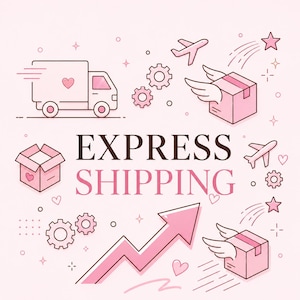 May include: A graphic illustration featuring the text EXPRESS SHIPPING in dark brown and pink. The design includes pink line art icons of a delivery truck, winged cardboard boxes, aeroplanes, gears, stars, hearts, and an upward-pointing arrow.