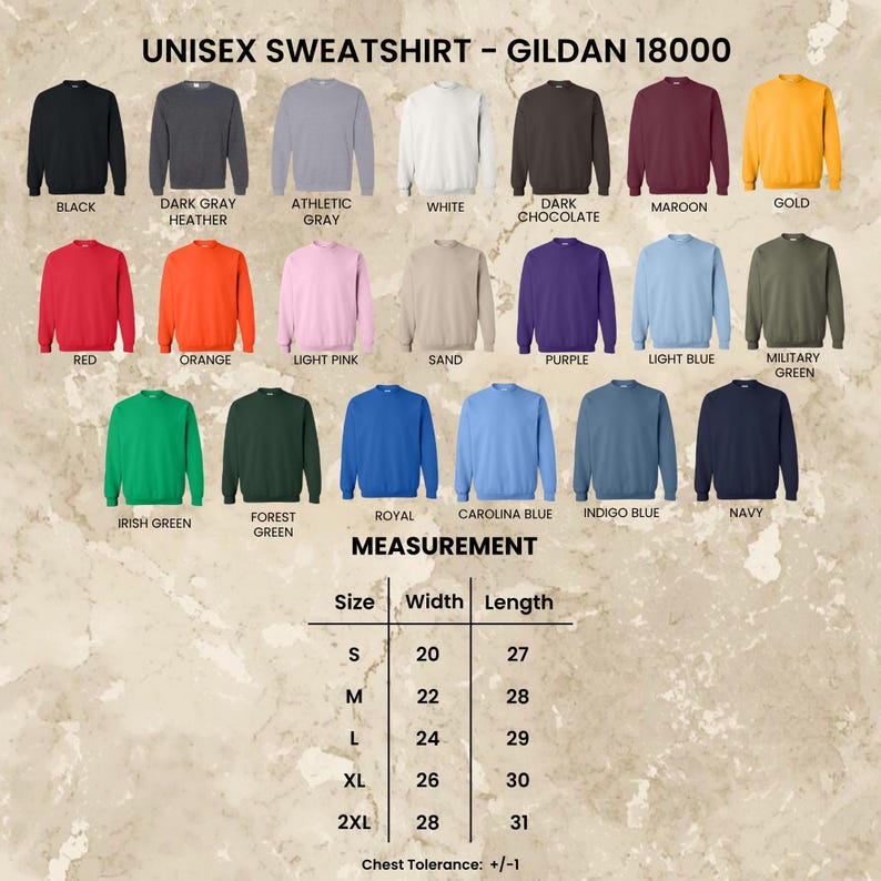 May include: A product image showcasing a variety of Gildan 18000 unisex sweatshirts in various colors, including black, red, and navy. The image also displays a measurement chart with sizes ranging from S to 2XL, with width and length measurements in inches.
