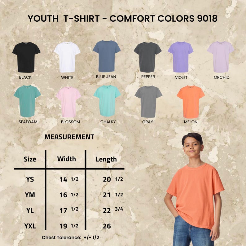 May include: A youth t-shirt in melon color is modeled. The image displays a color chart of t-shirts in various colors, including black, white, blue jean, pepper, violet, orchid, seafoam, blossom, chalky, and gray. Measurement details are also provided.