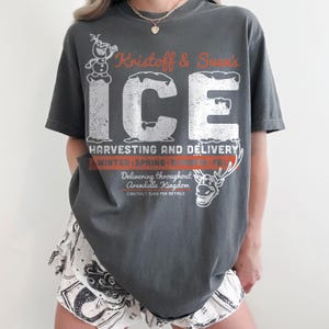 May include: Dark gray t-shirt with a distressed graphic featuring the text "Kristoff & Sven's ICE" and a snowman and reindeer illustration. The shirt also includes the text "Harvesting and Delivery" and "Delivering throughout Arendelle Kingdom."