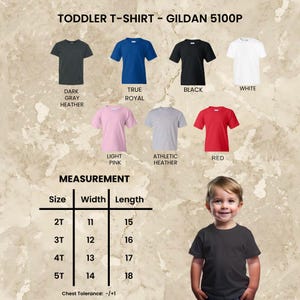May include: A variety of toddler t-shirts in different colors, including dark gray, royal blue, black, and white. The image also shows size measurements in inches and a young child wearing a dark gray t-shirt.