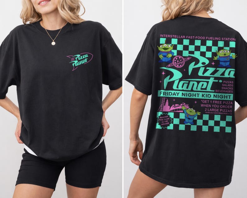 May include: Black t-shirt with the Pizza Planet logo on the front and a graphic on the back. The back graphic features the text "Pizza Planet" with alien characters, a planet, and the words "Friday Night Kid Night."