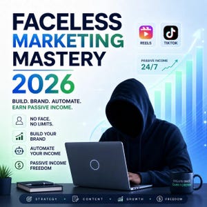 Peut inclure: Image promotionnelle pour "Faceless Marketing Mastery 2026". Une personne portant un sweat à capuche utilise un ordinateur portable. L'image comprend des icônes pour Reels et TikTok, et le texte "Build. Brand. Automate. Earn Passive Income". Une tasse indique "Create Once, Earn Forever."