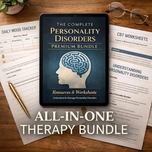 May include: A digital tablet shows "THE COMPLETE PERSONALITY DISORDERS PREMIUM BUNDLE" with a brain graphic. Worksheets, a pen, and spectacles are arranged around the tablet. The text "ALL-IN-ONE THERAPY BUNDLE" is at the bottom.
