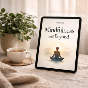 Peut inclure: Une tablette numérique affiche la couverture du livre "Mindfulness and Beyond" avec une figure méditative. Une tasse de thé est posée à côté de la tablette, avec une plante en arrière-plan. La scène est posée sur une surface aux tons neutres, créant une atmosphère apaisante.