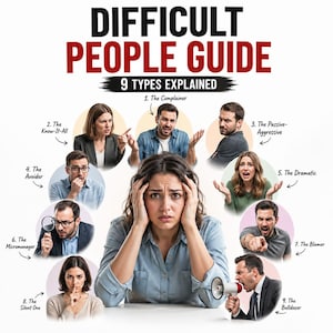 Puede incluir: Un gráfico titulado "Guía de personas difíciles" con el subtítulo "9 tipos explicados". La imagen presenta nueve ilustraciones de personas, cada una representando un tipo de personalidad difícil, rodeando a una mujer con una expresión estresada.