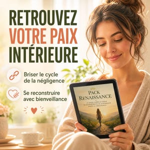 Peut inclure: Une tablette numérique affichant le titre Pack Renaissance et le sous-titre Le guide complet pour se reconstruire et s'épanouir après la négligence, avec le texte Retrouvez votre paix intérieure, Briser le cycle de la négligence et Se reconstruire avec bienveillance.