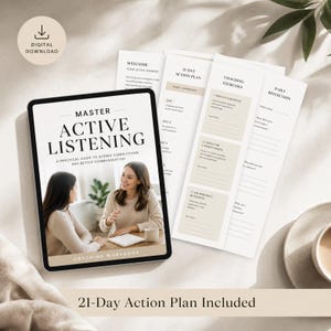Op de afbeelding: Een digitaal coaching-werkboek getiteld Master Active Listening: A Practical Guide to Deeper Connections and Better Communication. De omslag toont twee mensen in gesprek, inclusief een 21-daags actieplan met coaching-oefeningen.