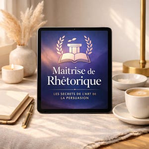 May include: A tablet displays the title "Maîtrise de Rhétorique" with a book and laurel wreath graphic. The tablet is on a table with a coffee cup, a candle, a vase with dried plants, and a pen on a notebook.