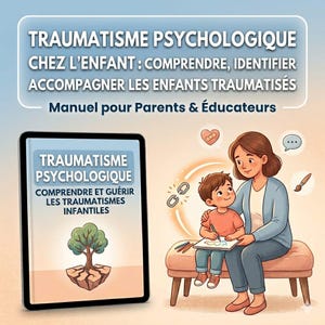 May include: An illustration of a mother and child, with text in French: "TRAUMATISME PSYCHOLOGIQUE CHEZ L'ENFANT: COMPRENDRE, IDENTIFIER ACCOMPAGNER LES ENFANTS TRAUMATISÉS Manuel pour Parents & Éducateurs." A tablet displays the book cover: "TRAUMATISME PSYCHOLOGIQUE COMPRENDRE ET GUÉRIR LES TRAUMATISMES INFANTILES."