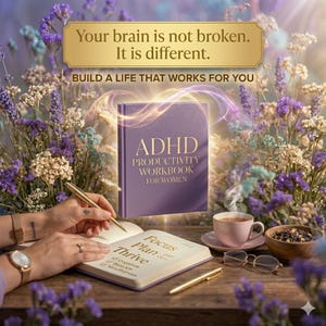 Peut inclure: Image d'un cahier de productivité ADHD violet pour femmes, d'un livre ouvert avec les mots "Focus, Plan, Thrive", d'une tasse de thé et d'un stylo. Le texte "Your brain is not broken. It is different. Build a life that works for you" est également visible.