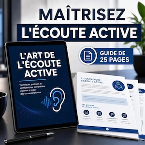 Peut inclure: Une tablette numérique et un document imprimé intitulés L'ART DE L'ÉCOUTE ACTIVE, avec un design bleu et blanc. La tablette affiche un graphique d'oreille avec des ondes sonores, tandis que le document détaille des techniques d'écoute active.