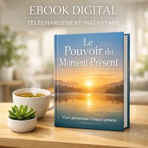 Puede incluir: Una portada de ebook con el título "Le Pouvoir du Moment Présent" (El poder del momento presente) presenta un paisaje sereno de un lago al atardecer. Una taza de té y una pequeña planta suculenta están junto al libro.