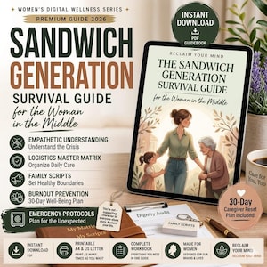 Peut inclure: Un guide numérique intitulé "Sandwich Generation Survival Guide" pour les femmes, affiché sur une tablette. Le guide couvre des sujets tels que la compréhension des crises, l'organisation des soins, la définition des limites et la prévention de l'épuisement professionnel. Comprend un plan de réinitialisation de l'aidant de 30 jours.