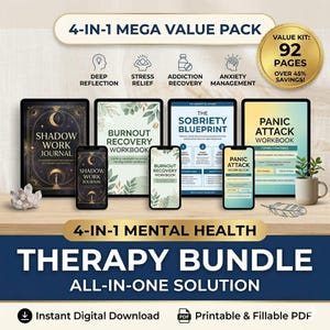 Peut inclure: Un ensemble de thérapie numérique avec le texte "4-EN-1 MEGA VALUE PACK" et "4-EN-1 MENTAL HEALTH THERAPY BUNDLE". L'ensemble comprend des cahiers d'exercices et des guides pour la réflexion profonde, le soulagement du stress, la récupération de la dépendance et la gestion de l'anxiété.