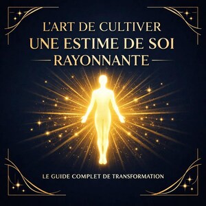 Peut inclure: Couverture de livre avec le titre "L'ART DE CULTIVER UNE ESTIME DE SOI RAYONNANTE" et le sous-titre "LE GUIDE COMPLET DE TRANSFORMATION". L'image présente une silhouette humaine dorée et lumineuse, les bras tendus, rayonnant sur fond bleu foncé.