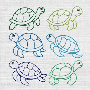 May include: A set of six embroidered turtle designs arranged in two columns. Each turtle features a distinct outline color including dark green, light green, blue, cyan, purple, and teal, with simple line work detailing the shell and flippers.